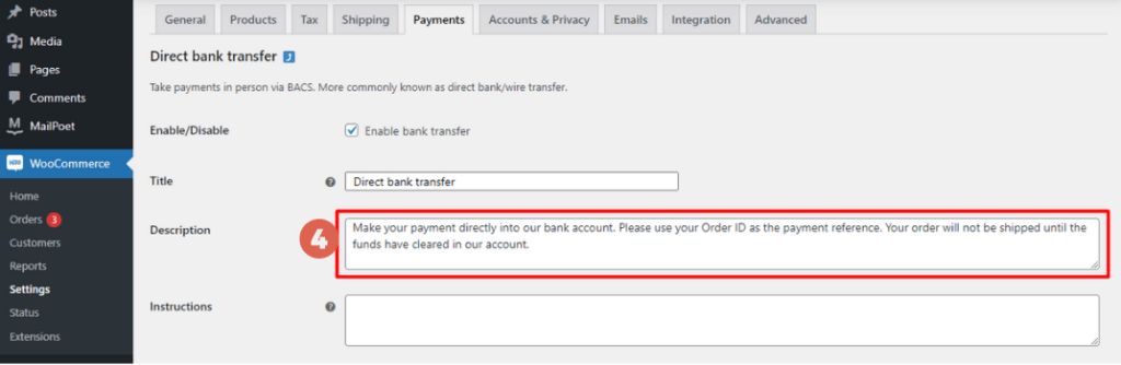cara setting transfer bank di WooCommerce