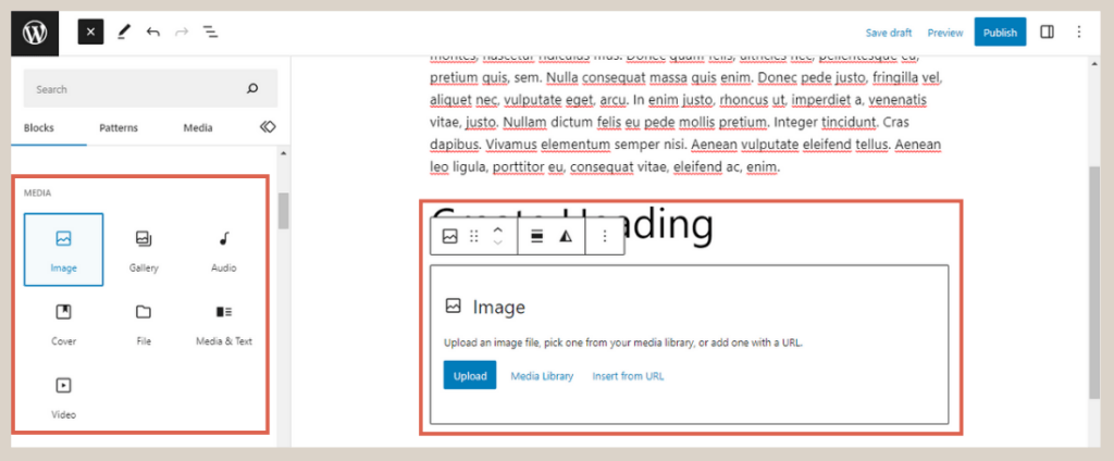 cara menambahkan block media di Gutenberg WordPress