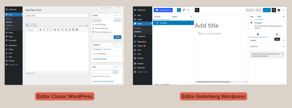 comparison between classic editor and gutenberg editor in wordpress