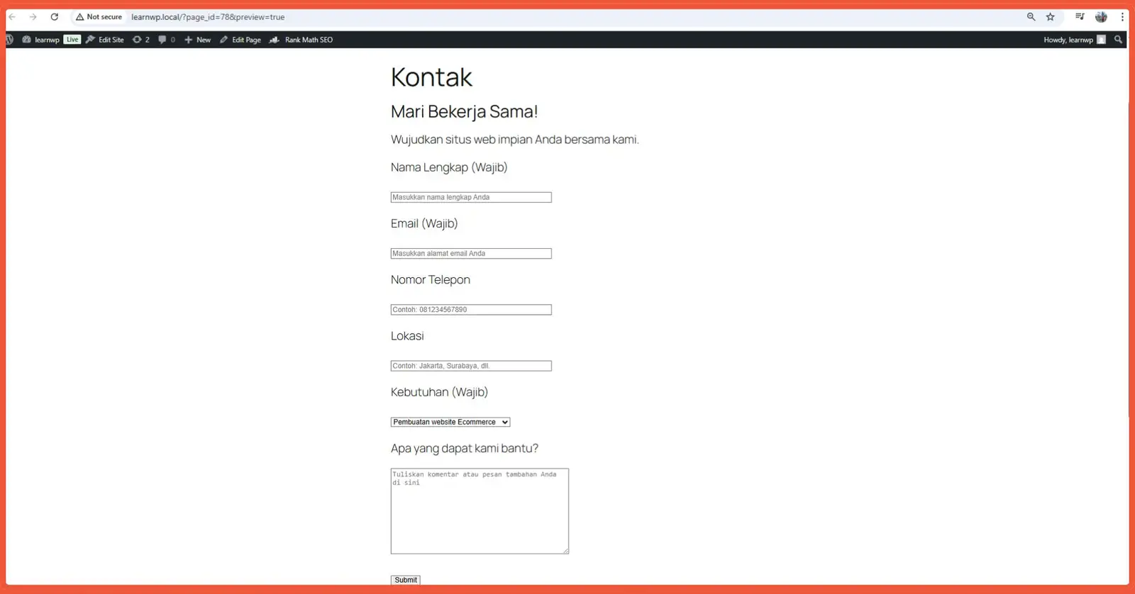 Preview of the finished contact form
