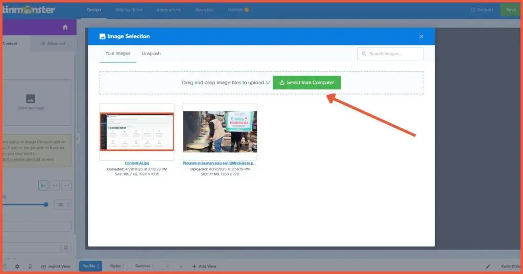 Select the image you want to upload for your OptinMonster popup. You can upload an image directly from a folder on your computer.